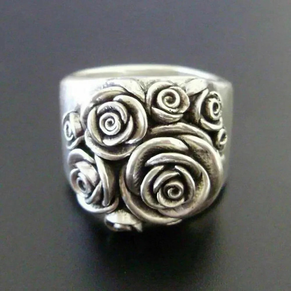 NEW 925 Silver Rose Flower Vintage Wide Band Ring - Picture 3 of 5